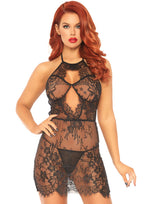 2 Pc Eyelash Lace Keyhole Halter Dress With Scalloped Lace Cut Out Details, Adjustable Hook-N-Eye Back Strap, And Matching G-Str