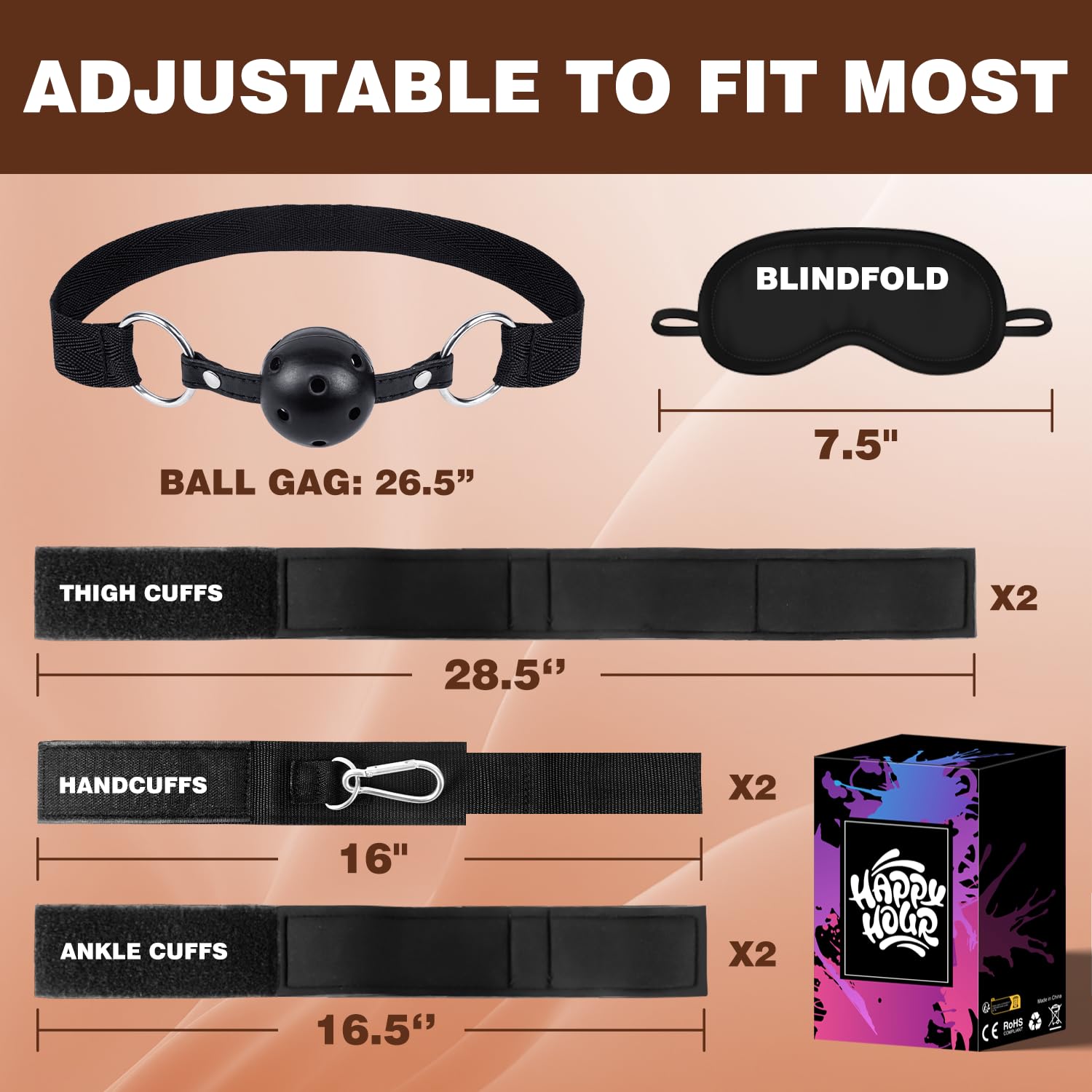 BDSM Bondage Restraints Couples Sex Toys, Sex Toys Wrist to Thigh Ankle Cuffs BDSM Kit Removable, BDSM Toys Ball Gag Blindfold S