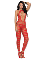 Opaque And Diamond Net Striped Bodystocking With Open Crotch