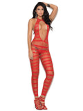 Opaque And Diamond Net Striped Bodystocking With Open Crotch