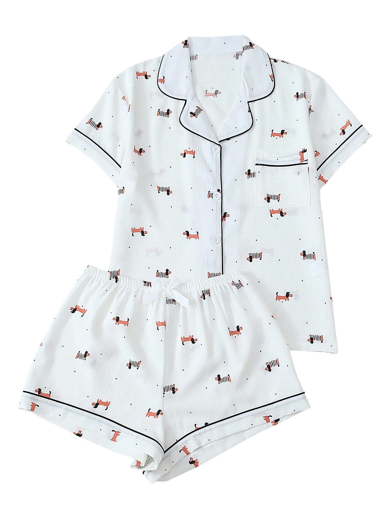 Verdusa Pajamas For Women Set 2 Piece Summer Pajama Sets Cute Pjs Lounge Matching Button Shirt with Shorts Dog White Large