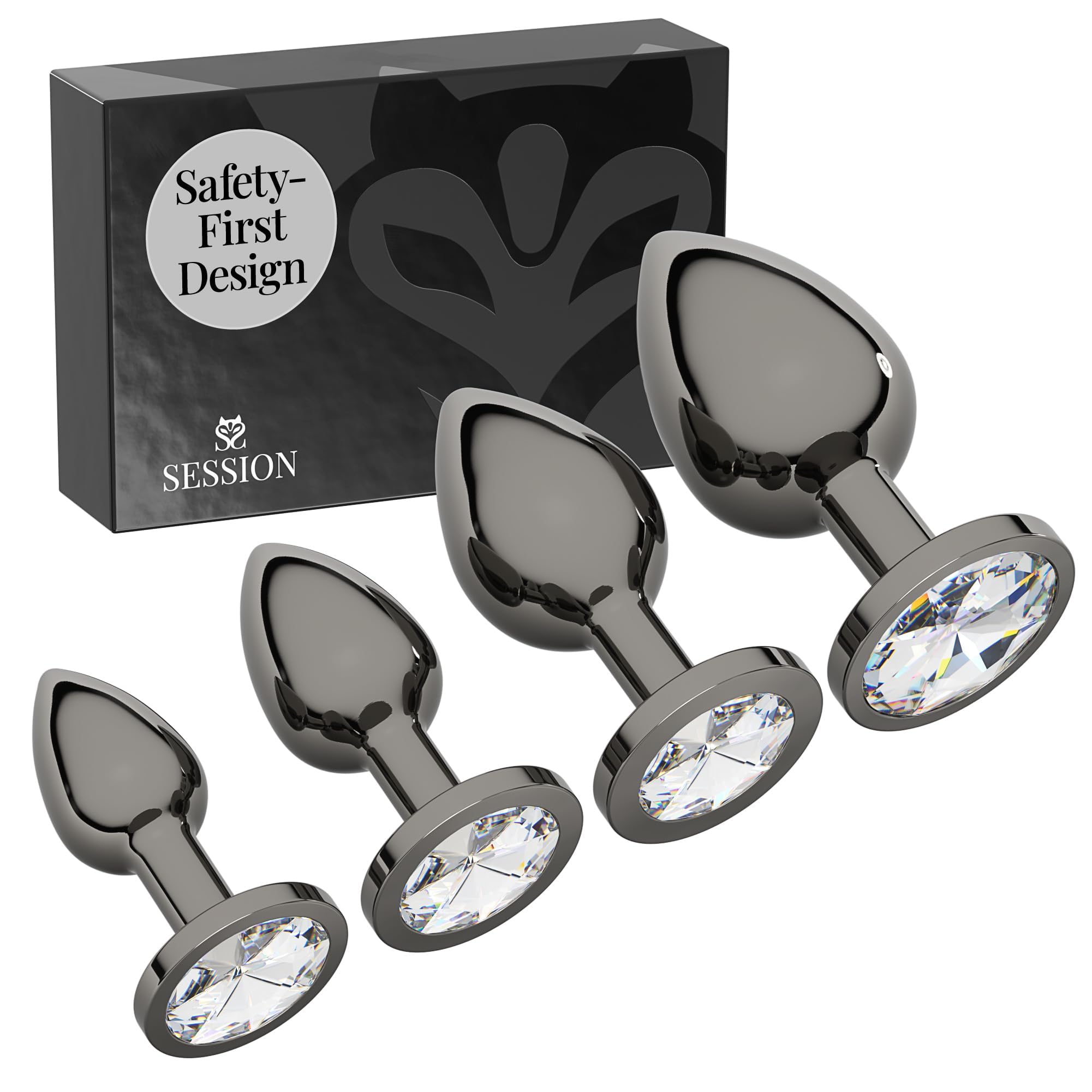 Session Jewel Butt Plug Beginner 4 Piece Set - Extra Small, Small, Medium, Large - Wide Base Prevents Slippage - Metal Anal Sex