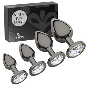 Session Jewel Butt Plug Beginner 4 Piece Set - Extra Small, Small, Medium, Large - Wide Base Prevents Slippage - Metal Anal Sex