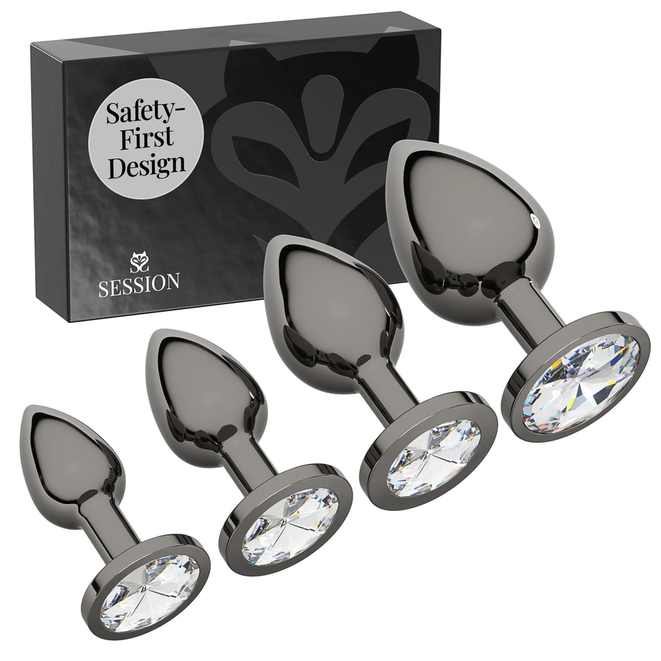 Session Jewel Butt Plug Beginner 4 Piece Set - Extra Small, Small, Medium, Large - Wide Base Prevents Slippage - Metal Anal Sex