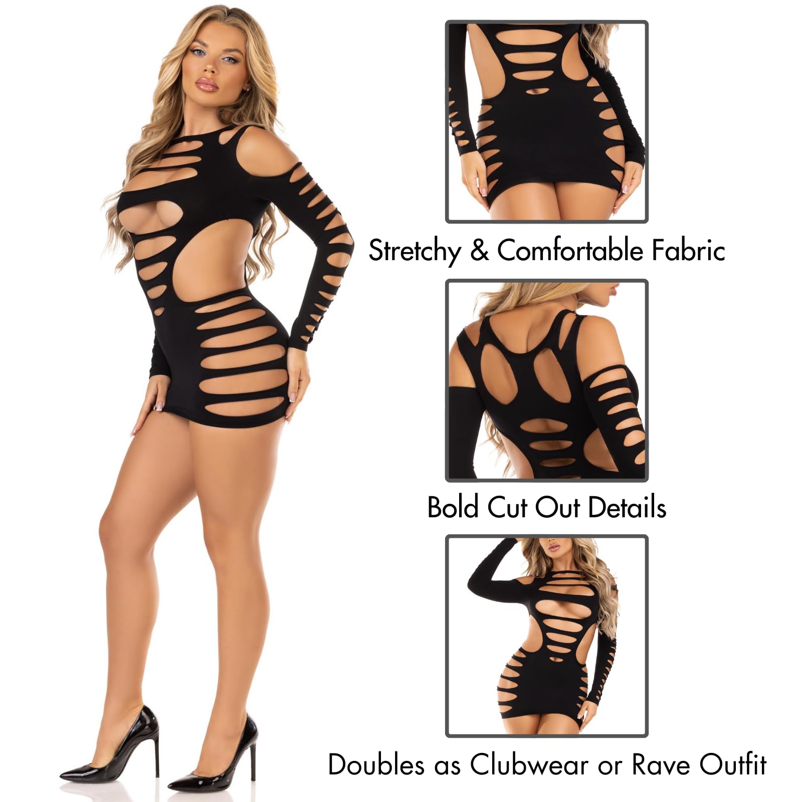Opaque shredded cut-out mini dress.