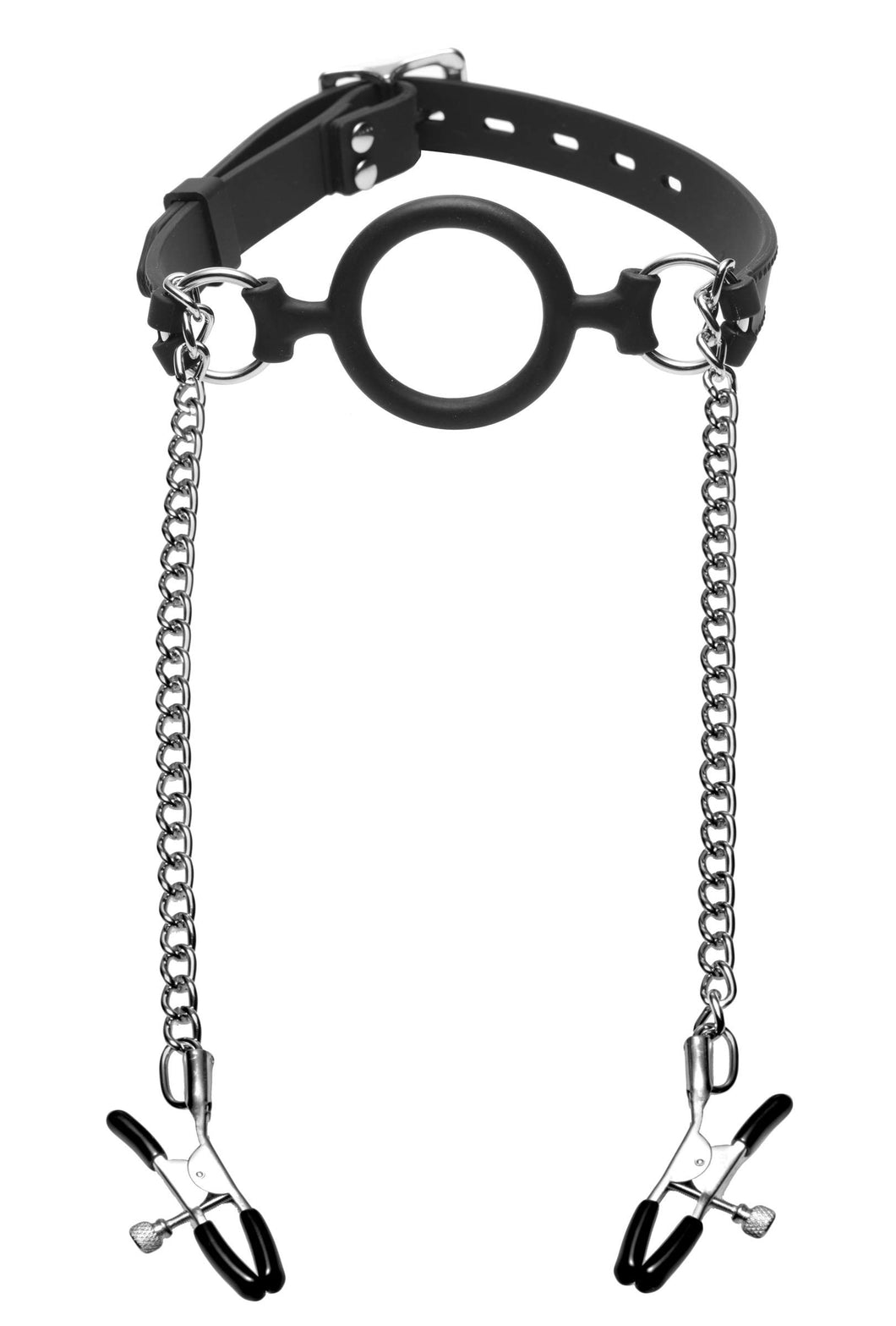 Master Series Mutiny Silicone O-ring Gag with Nipple Clamps