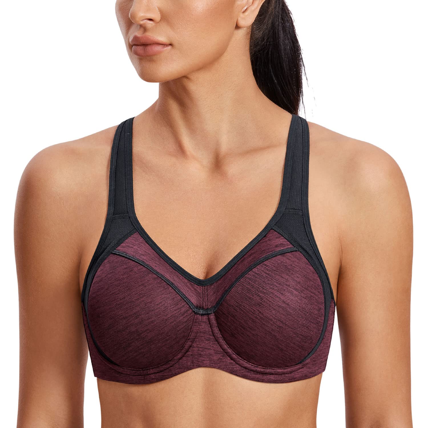 SYROKAN Womens Full Support High Impact Racerback Lightly Lined Underwire Sports Bra Dark red Flower ash 34D