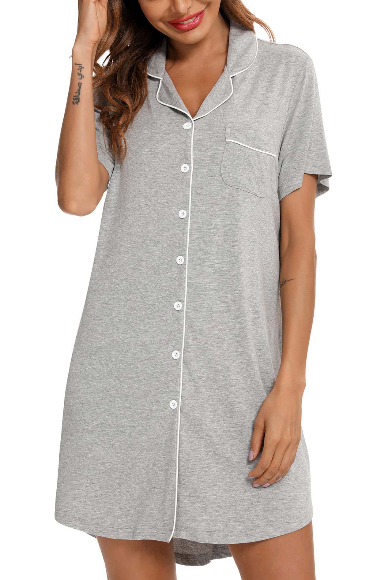Samring Womens Nightshirt Short Sleeve Button Down Nightgown V-Neck Sleepwear Pajama Dress Light Grey M