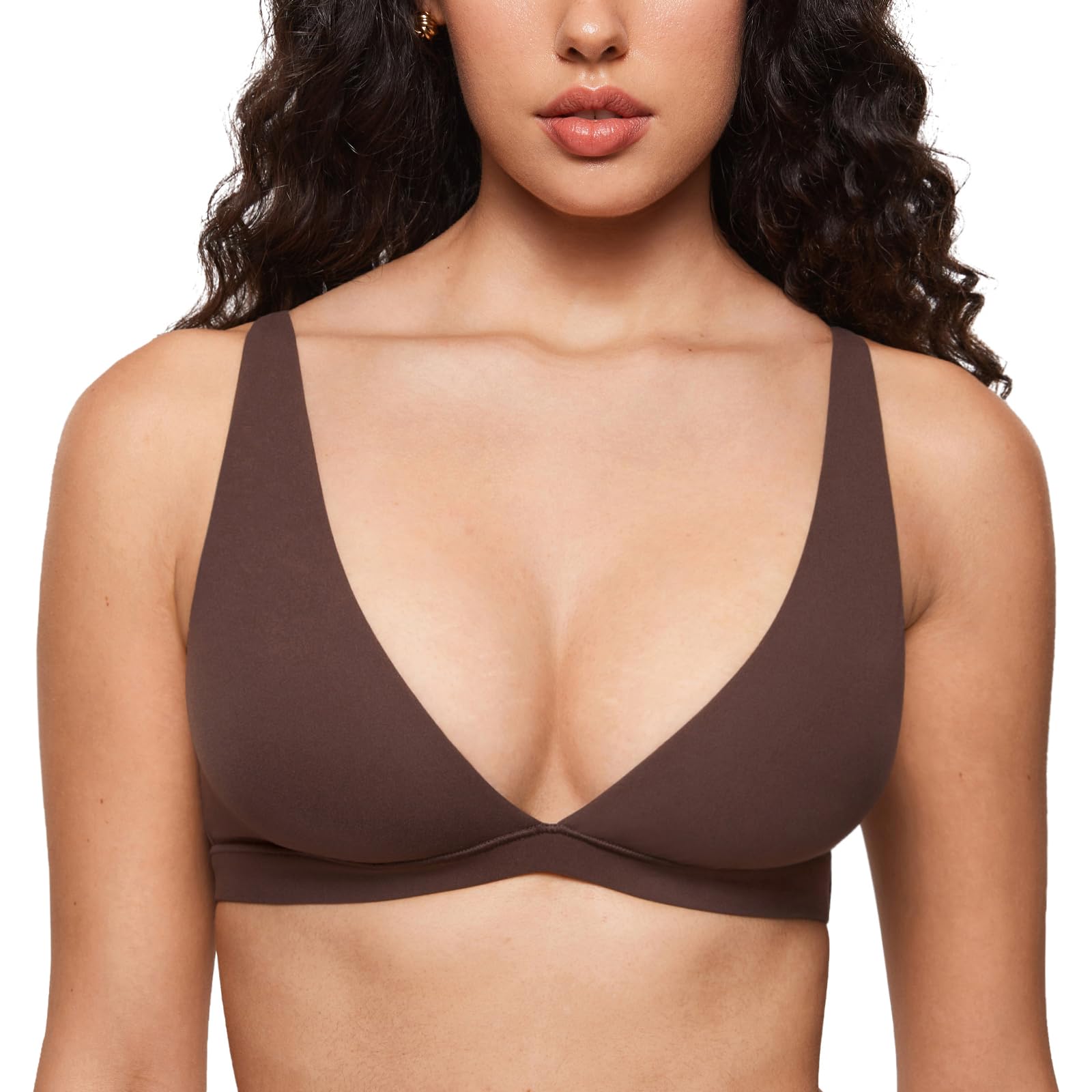 INLYRIC Womens Inbarely Soft Plunge Bralette - Deep V Unlined Triangle No Padding No Underwire Sexy Comfort Sleep Bra Hazelnut 