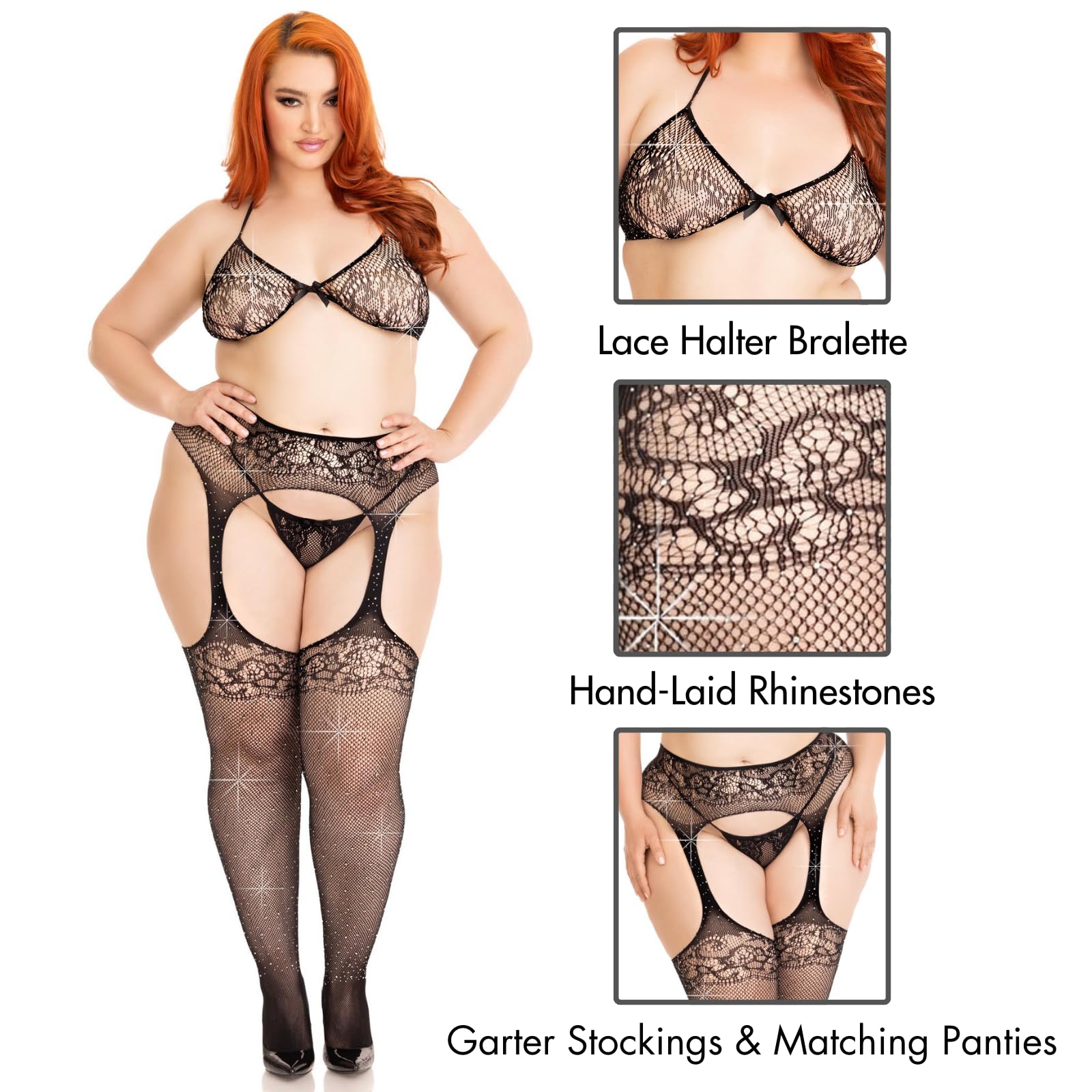 3 Pc Rhinestone Lace Bra Top, G-String, And Fishnet Garter Belt Stockings.