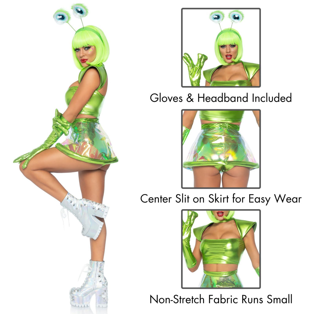 5 Pc Beam Me Up Babe, Includes Metallic Lame Crop Top, Iridescent Clear Skirt, High Waist Panty, Alien Gloves, And Googly-Eye He