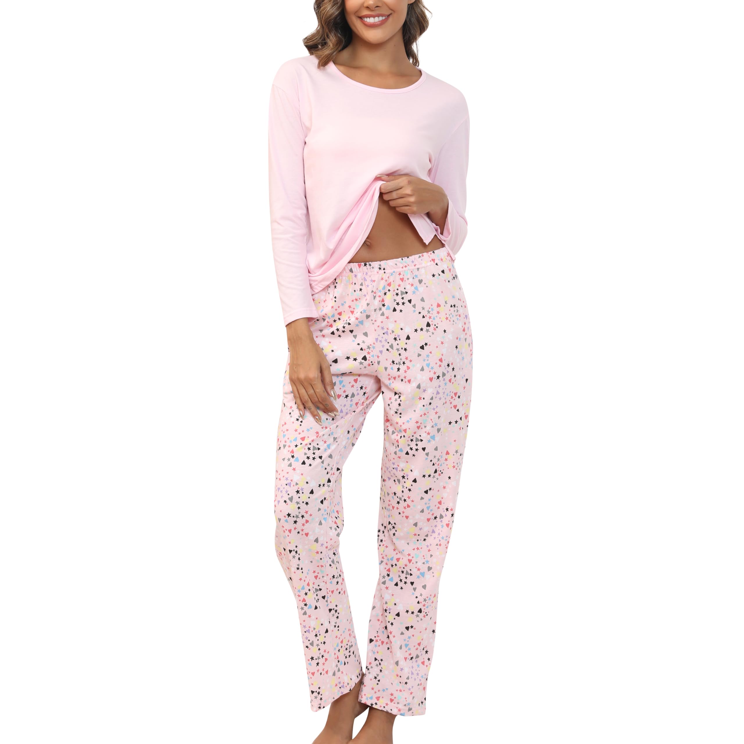 PNAEONG Womens Cotton Long-Sleeve Tops and Full-Length Pajama Set Two-Piece Pjs With Pockets Pink,2XL