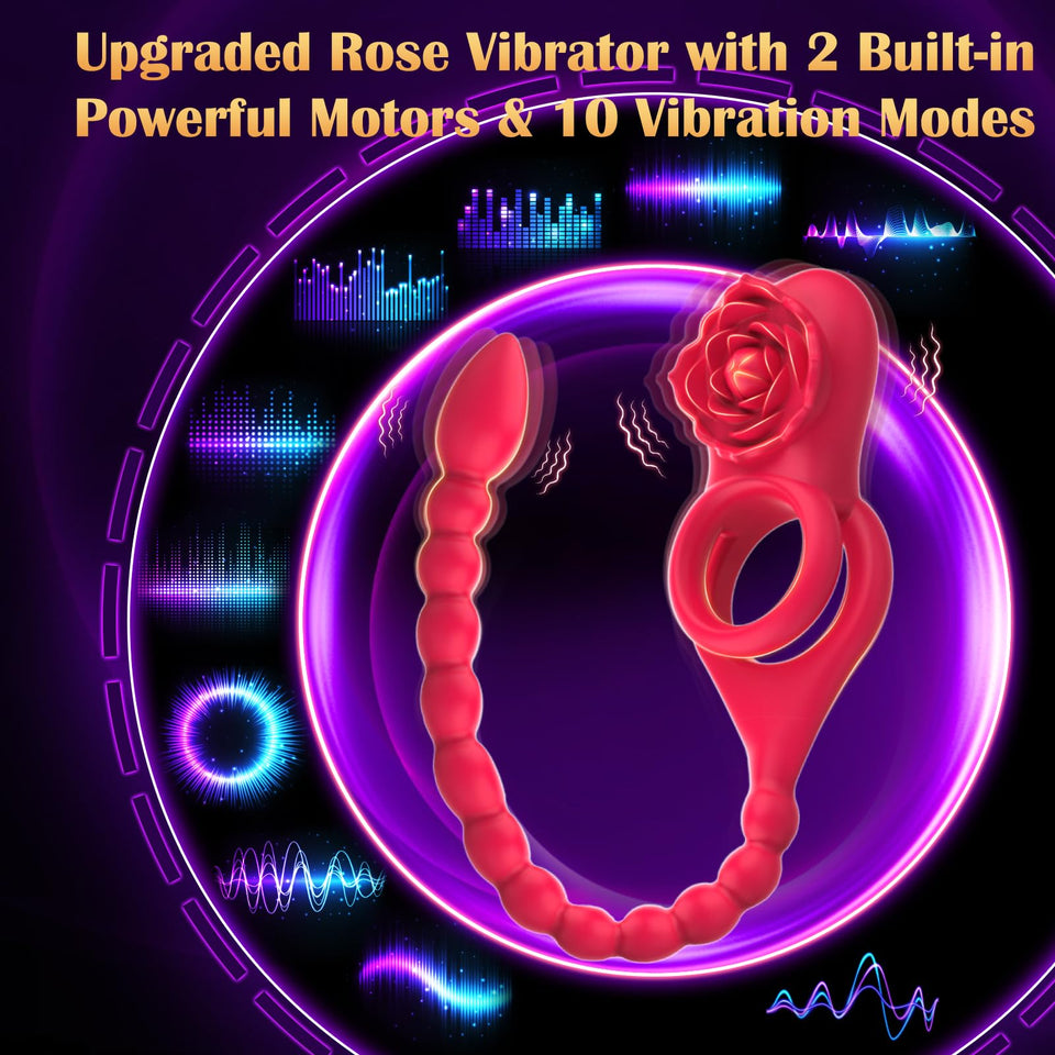 Upgraded Vibrating Penis Ring Sleeve with Rose Clitoral Vibrator, Cock Ring Remote Control Anal Butt Plug Prostate Massager 10 V