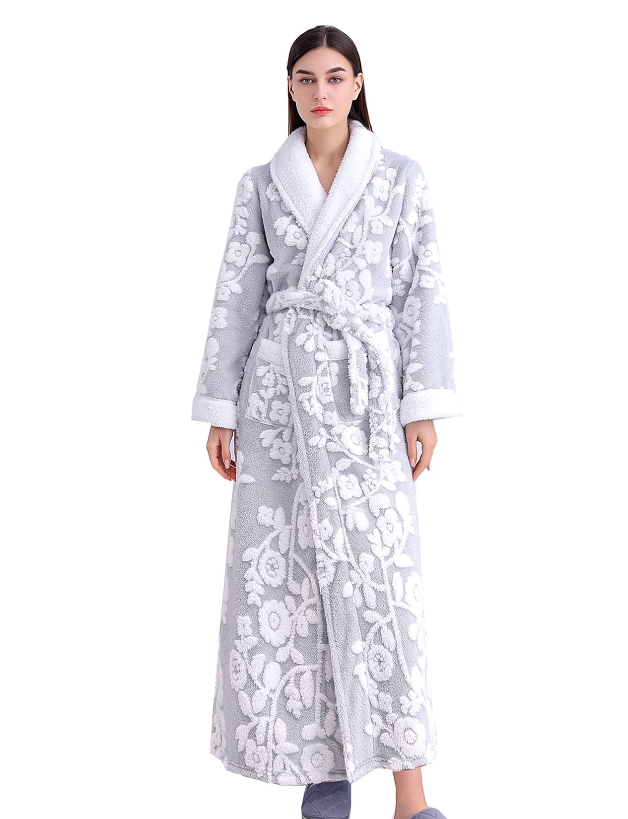 Womens Warm Fuzzy Sherpa Fleece Robes Long Plush Bathrobe Flowered Jacquared House Coat Shawl Collar, Grey XL