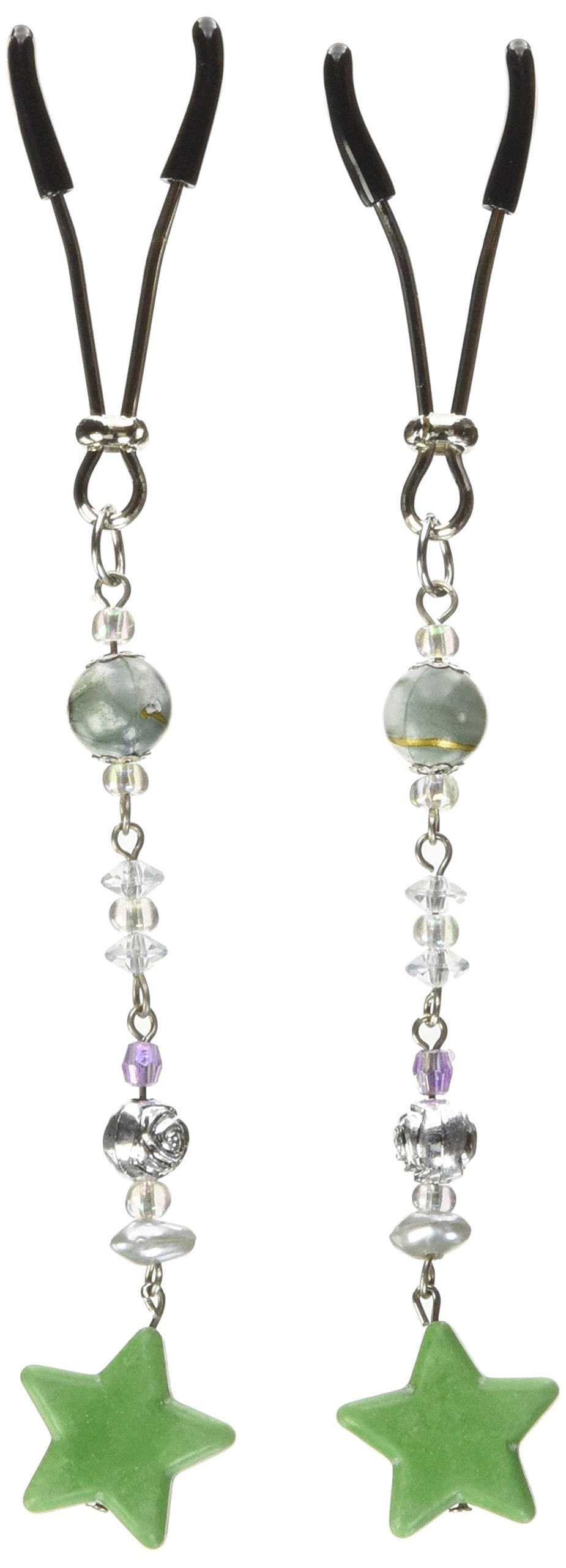 Bijoux De Nip Nipple Clamp Short Tweezer Chrome Green Beads Polished Stone Star