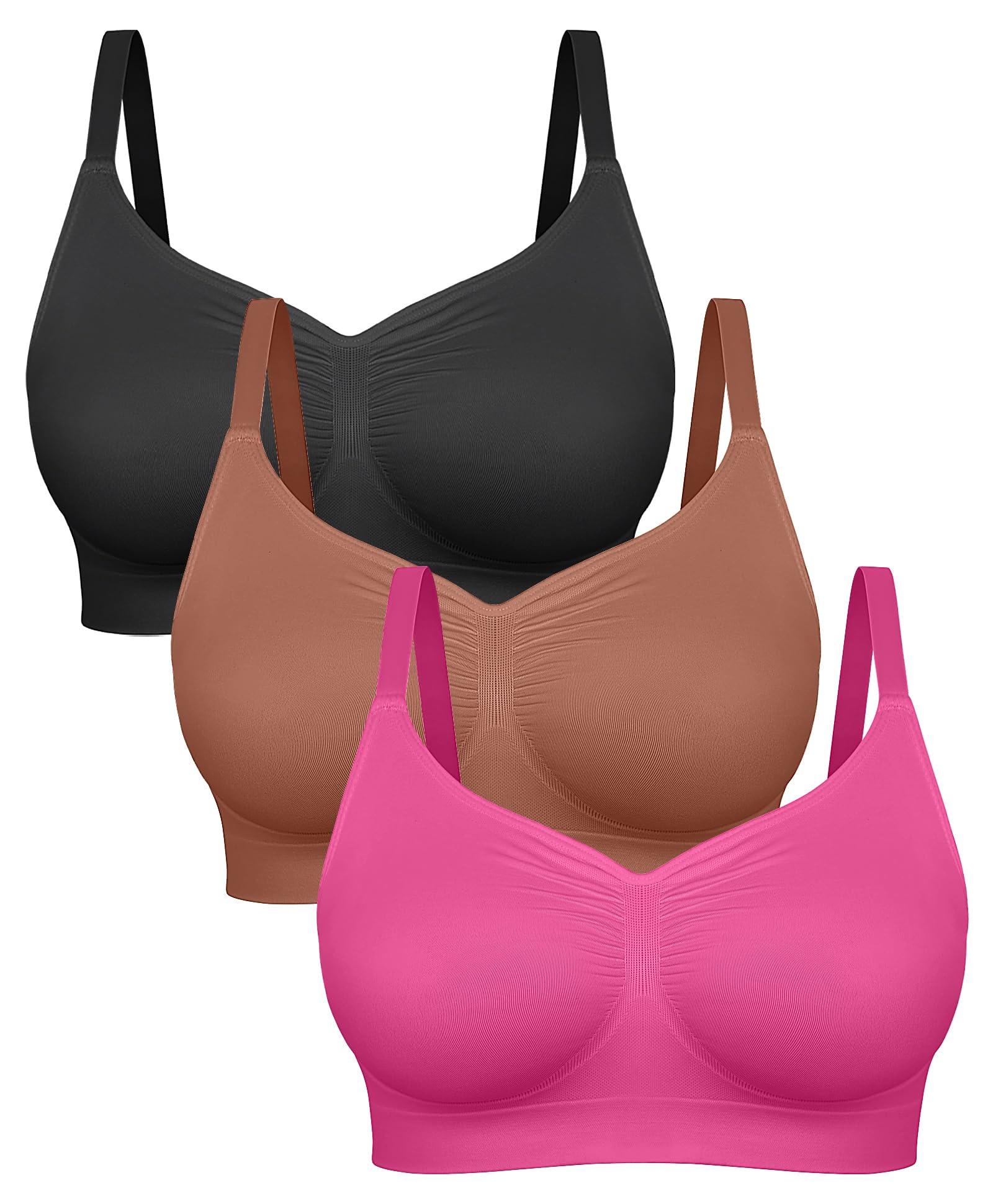 FeelinGirl Womens Bras Full Coverage Seamless Bralette 3-Pack (Black/Sienna/Pink,XX-Large)