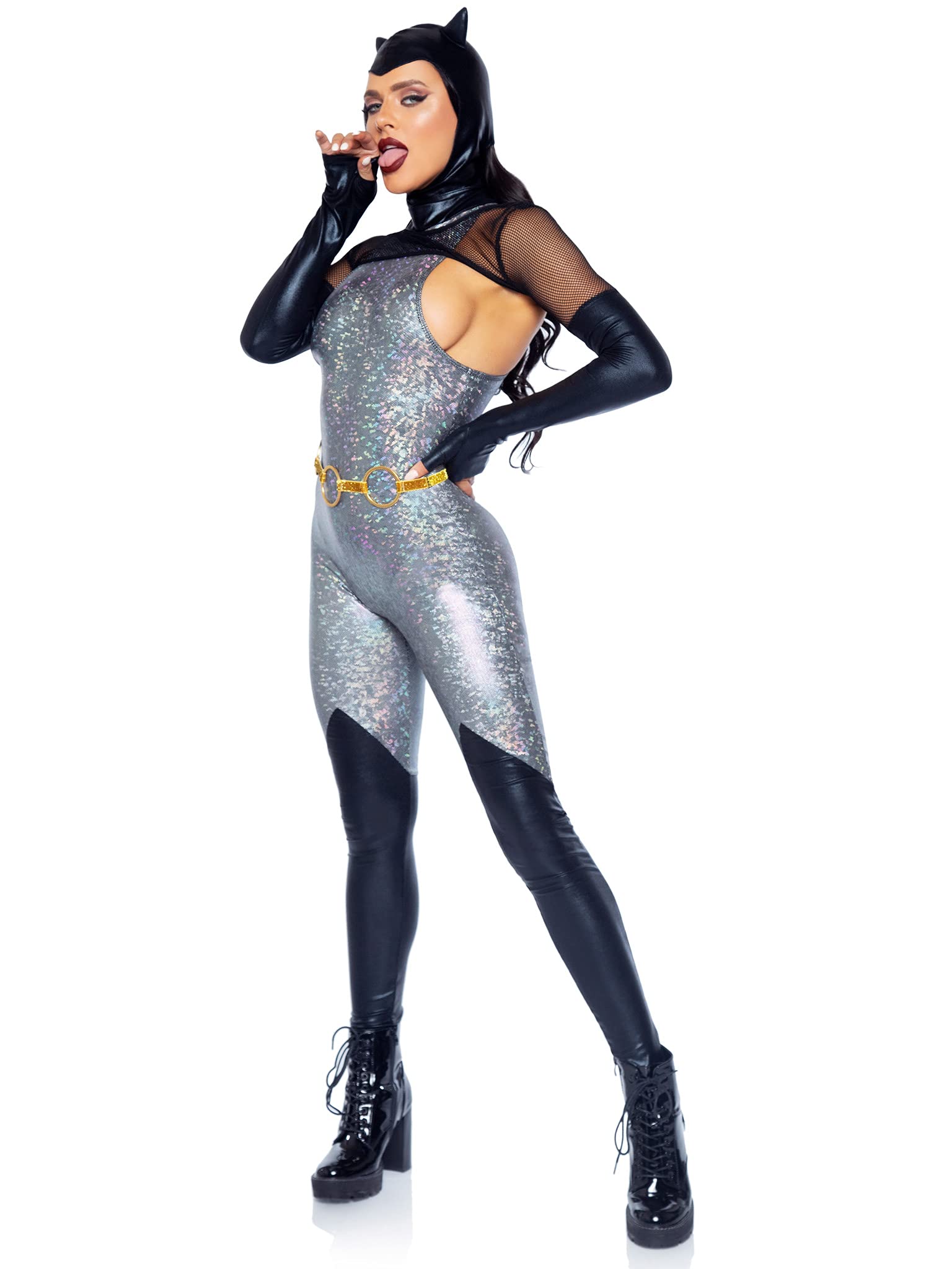 4 Pc Feline Felon, Includes Holographic Catsuit With Boot Detail, Fishnet Gloved Shrug, Cat Ear Skull Cap, And Belt.