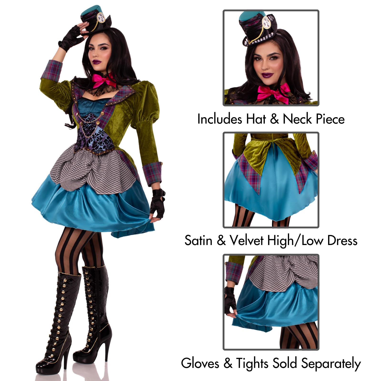 Leg Avenue 3 Piece Deluxe Mad Hatter Set-Sexy Velvet Coat Dress And Mini Top Hat Halloween Costume For Women, Multi, Medium
