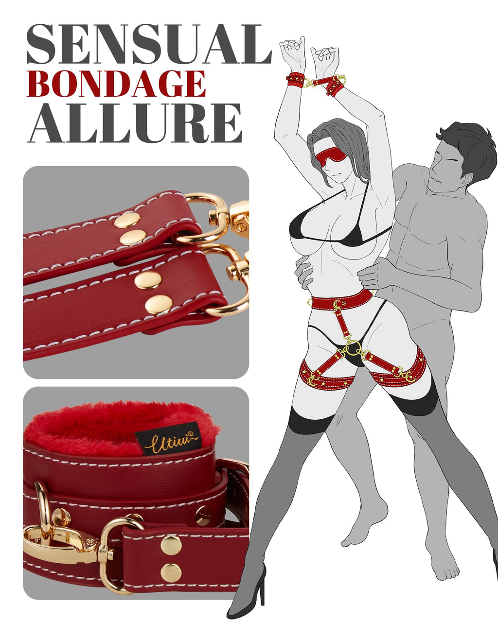 UTIMI Sex Bondage BDSM Kit Restraints 6PCS Sets with Adjustable Handcuffs Ankle Cuff Thigh Cuffs Blindfold Cross Strap Waist Str
