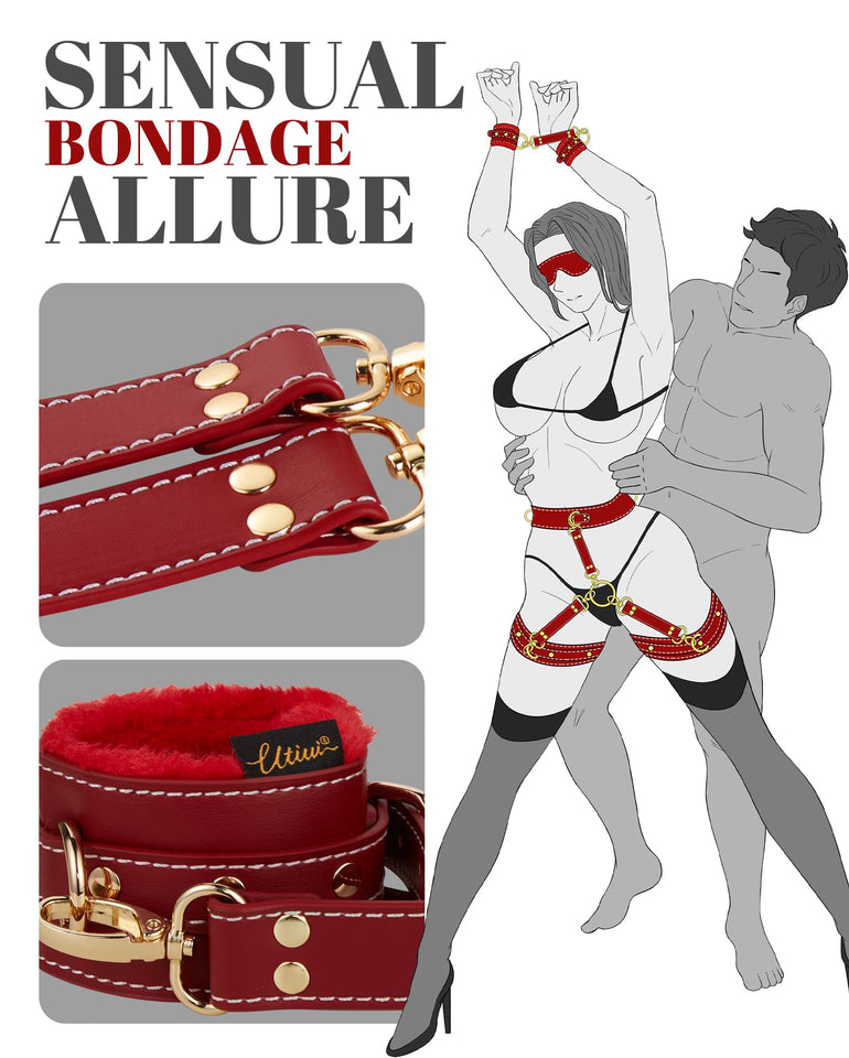 UTIMI Sex Bondage BDSM Kit Restraints 6PCS Sets with Adjustable Handcuffs Ankle Cuff Thigh Cuffs Blindfold Cross Strap Waist Str