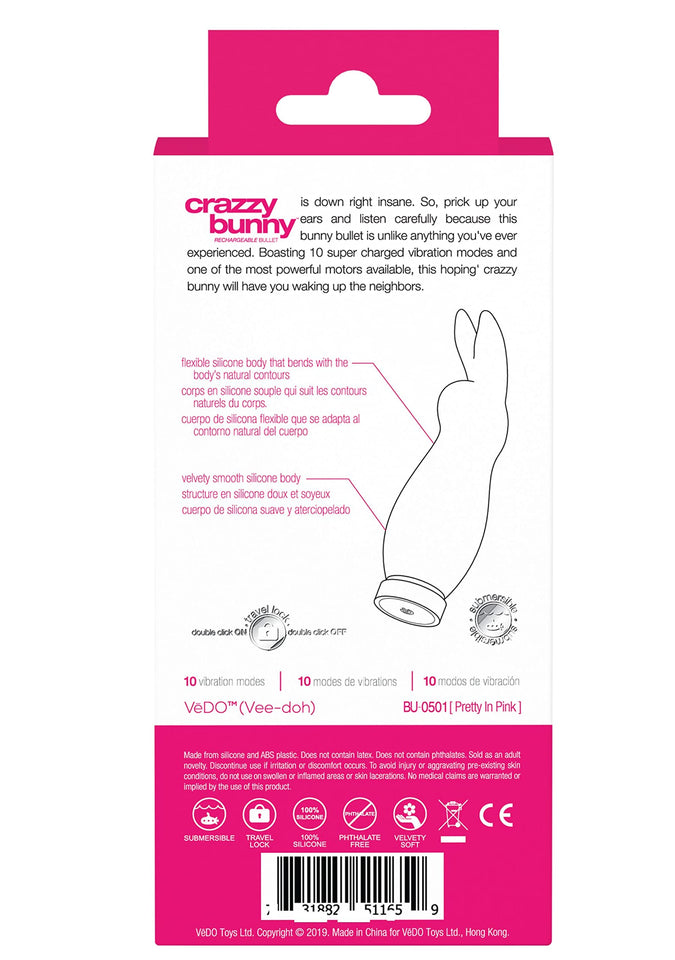 VeDO Crazzy Bunny Vibrator Bullet, Rechargeable Clitoral Adult Sex Toy, Clitoris Stimulator Vibe for Women (Pink)