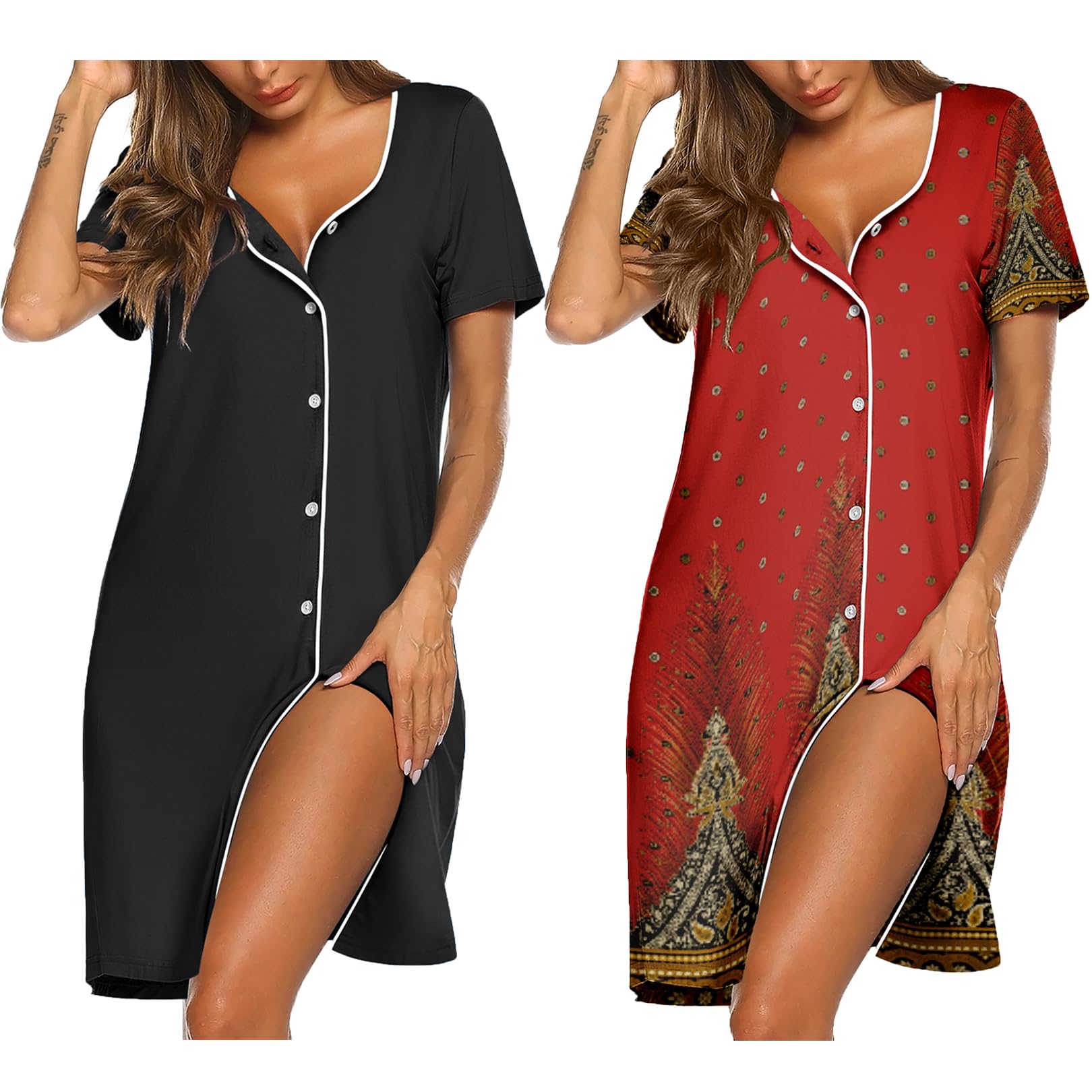 Ekouaer Nightgowns for Women 2 Pack Button Down Sleepshirt Short Sleeve Nightshirt Soft Sleepwear V Neck Pajama Dress Black/Red 