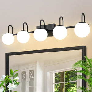 5-Light Bathroom Vanity Light, Modern Bathroom Light Fixtures Over Mirror, Mid Century Vanity Light Fixtures With Milk White Glo