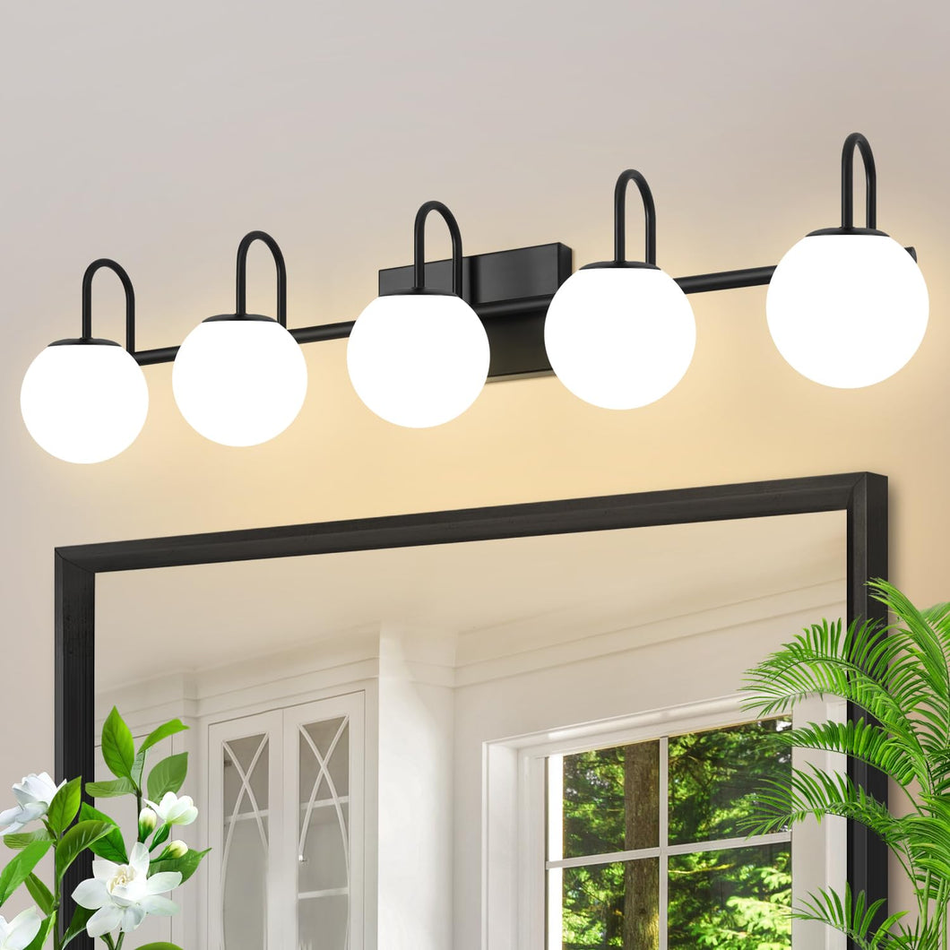 5-Light Bathroom Vanity Light, Modern Bathroom Light Fixtures Over Mirror, Mid Century Vanity Light Fixtures With Milk White Glo
