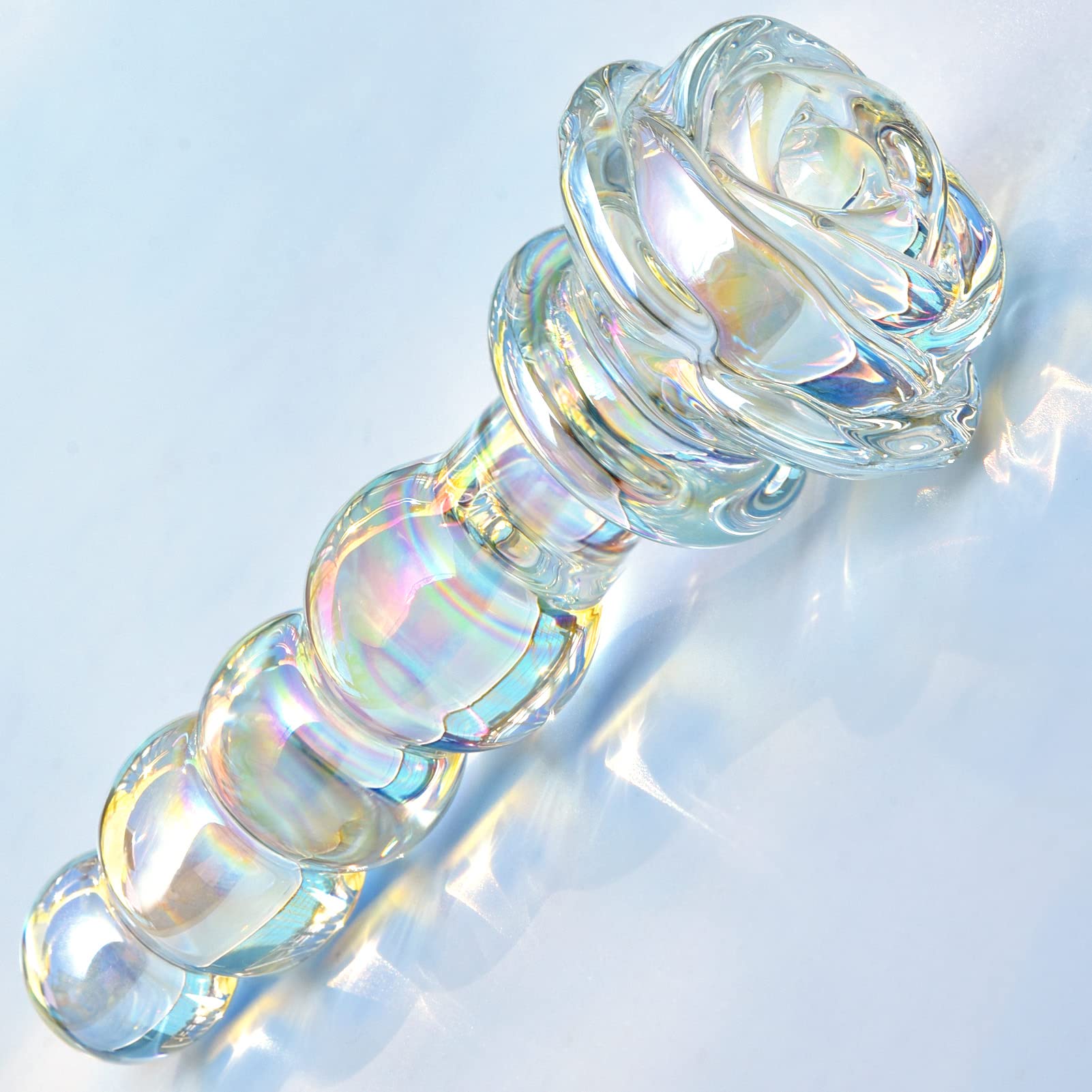Glass Anal Beads Colorful Butt Plug Prostate Massager with Long Neck, Rose Round Base and 4 Gradual Beads Anal Dilator Fetish Bu