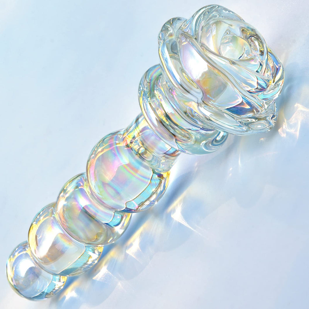 Glass Anal Beads Colorful Butt Plug Prostate Massager with Long Neck, Rose Round Base and 4 Gradual Beads Anal Dilator Fetish Bu