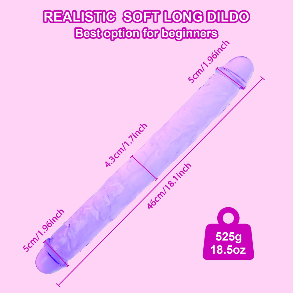 18.1 * 1.7 Inches Double Dildo Crystal Jelly Realistic Anal Long Dildo Penis Soft and Flexible with Veins and Glans Adult Sex To