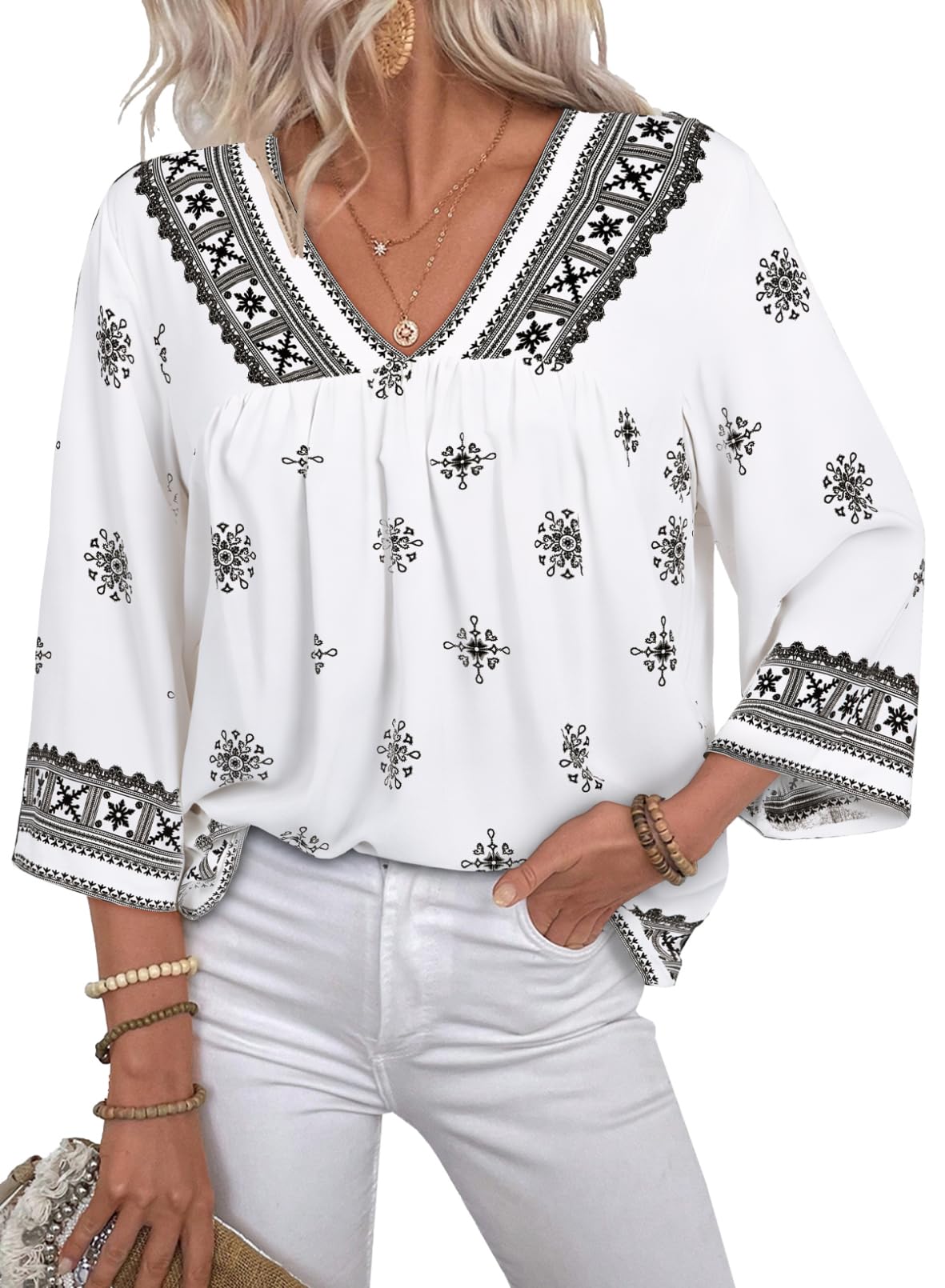 SHEWIN Womens Blouses Loose Fit V Neck 3/4 Length Sleeve Womens Tops Lightweight Boho Chic Clothing Western Outfits Spring Tops 