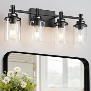 Aixialin 4 Lights Bathroom Light Fixtures, Bathroom Vanity Lights With Clear Glass Shades, Matte Black Bathroom Light Fixtures O
