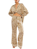 Yimoon Womens Satin Pajama Set Floral Silk Pajamas 2 Piece Cute Long Sleeve Button Down Pjs Sleepwear Lounge Set(Khaki-M)