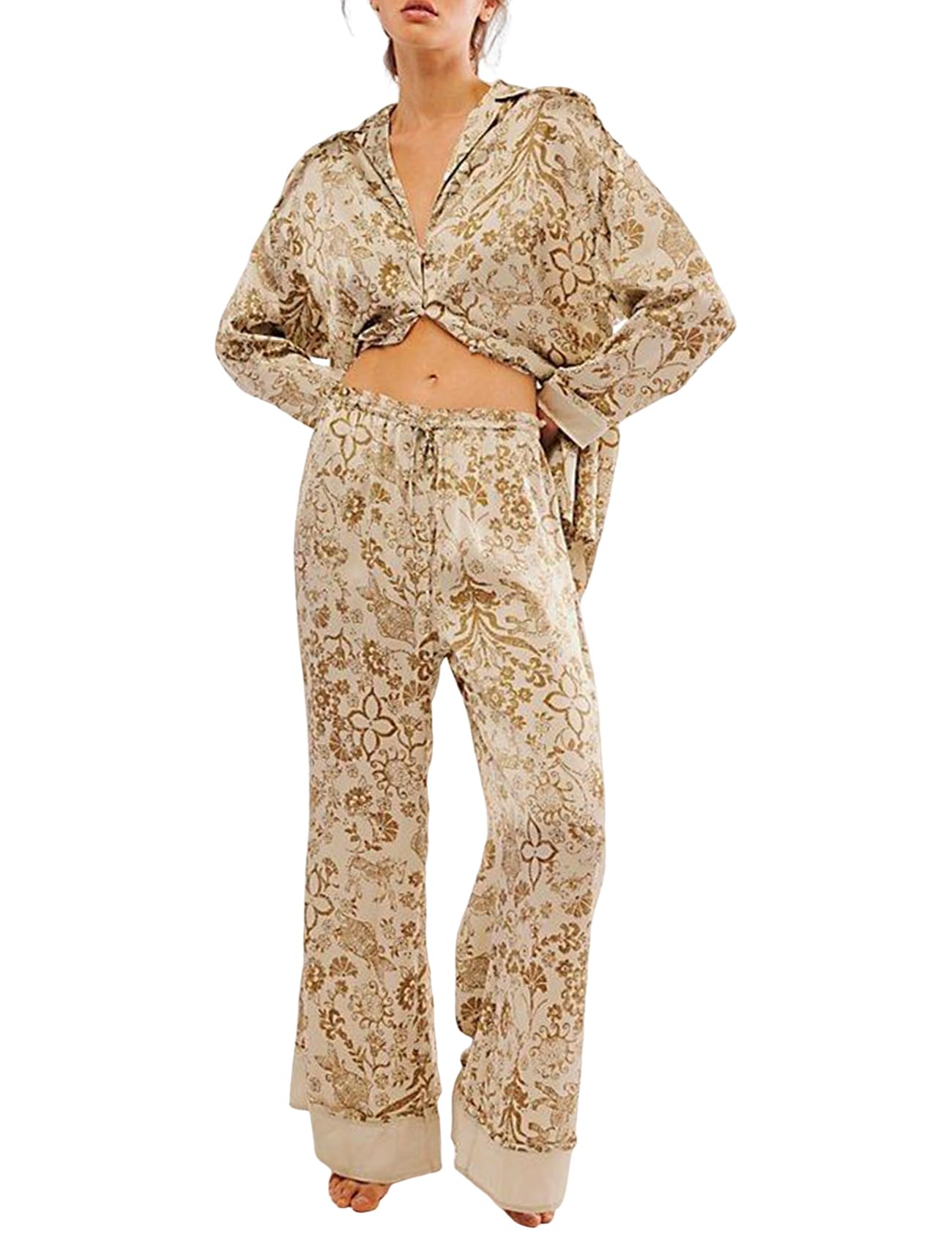 Yimoon Womens Satin Pajama Set Floral Silk Pajamas 2 Piece Cute Long Sleeve Button Down Pjs Sleepwear Lounge Set(Khaki-M)