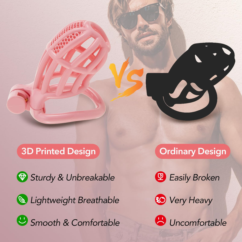 Male Chastity Device Cock Cage - UTIMI Large Plastic Chastity Cage for Man Penis Exercise 3D Printed Pink Bondage Gear Lightweig