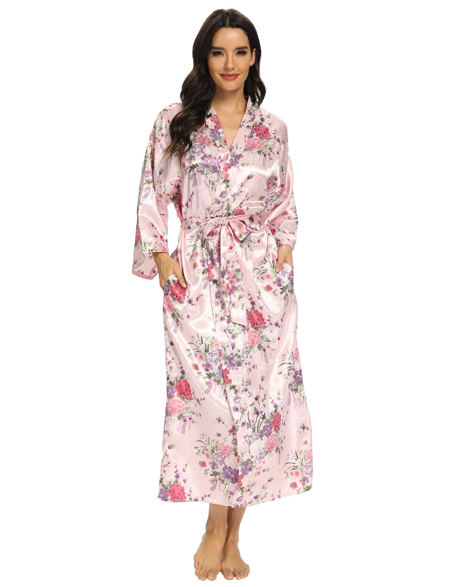 MizzGenio Womens Long Silk Robes Plus Size Long Satin Robes Floral Long Robes Sleepwear,Pink 2X/3X