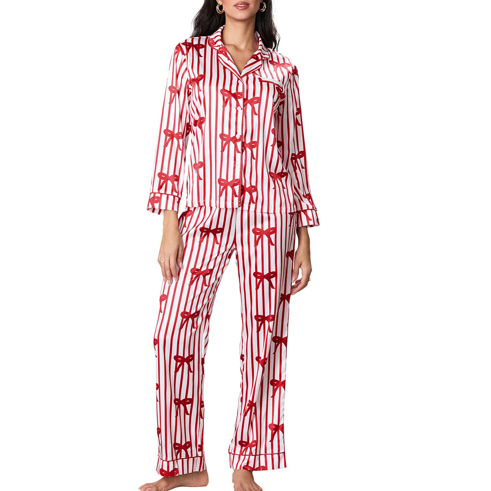 Women 2pcs Valentine Satin Pajamas Set Striped Bow Print Long Sleeve V-Neck Button Down Shirts Pants Sleepwear (Pink, M)