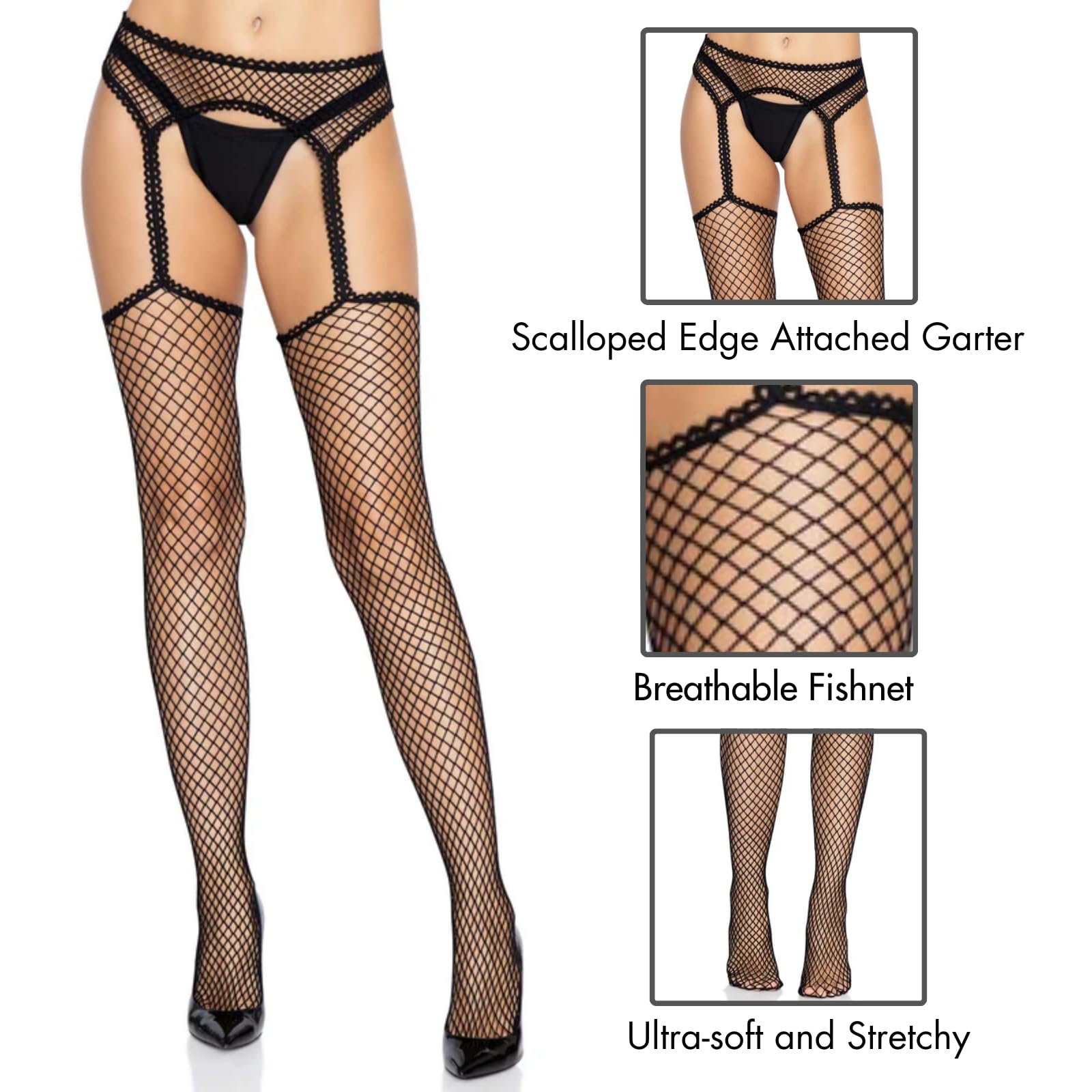 Industrial Net stockings with scalloped trimmed attached garter belt.