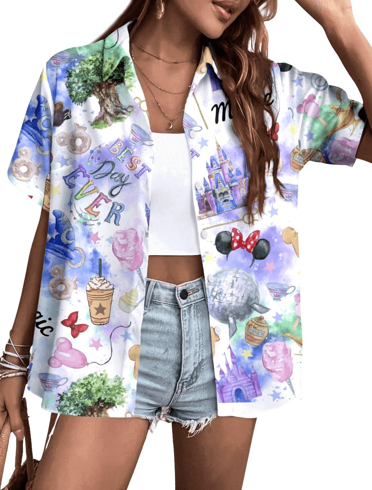 Magical Shirt for Women: Best Day Ever Shirts Funny Castles Graphic Tee Family Vacation Holiday Button Up Tops Purple