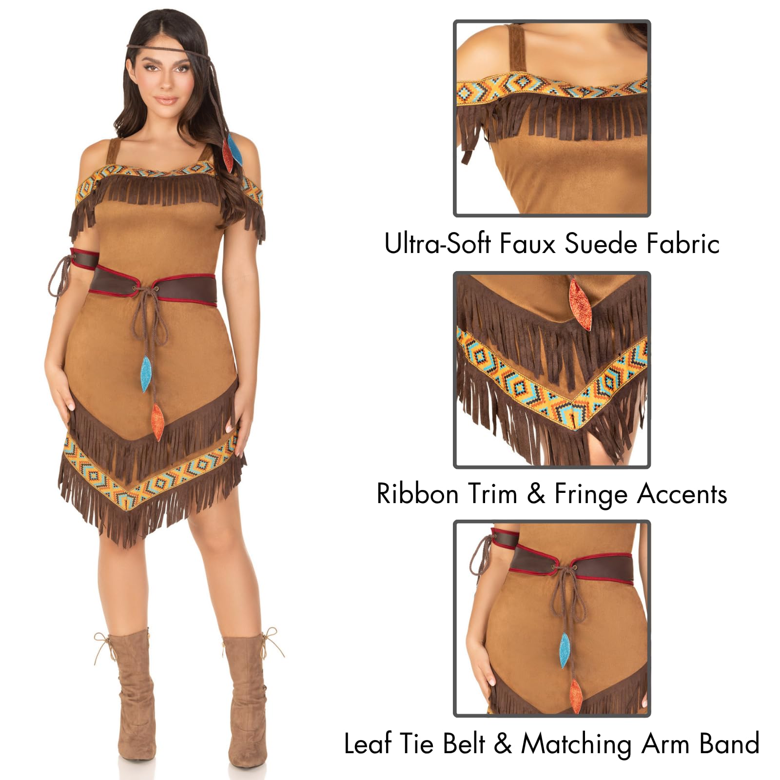 Leg Avenue Womens - 4 Piece Native Princess Dress Set Sexy Fringe Off The Shoulder Dress And Headband Halloween Adult Sized Cost