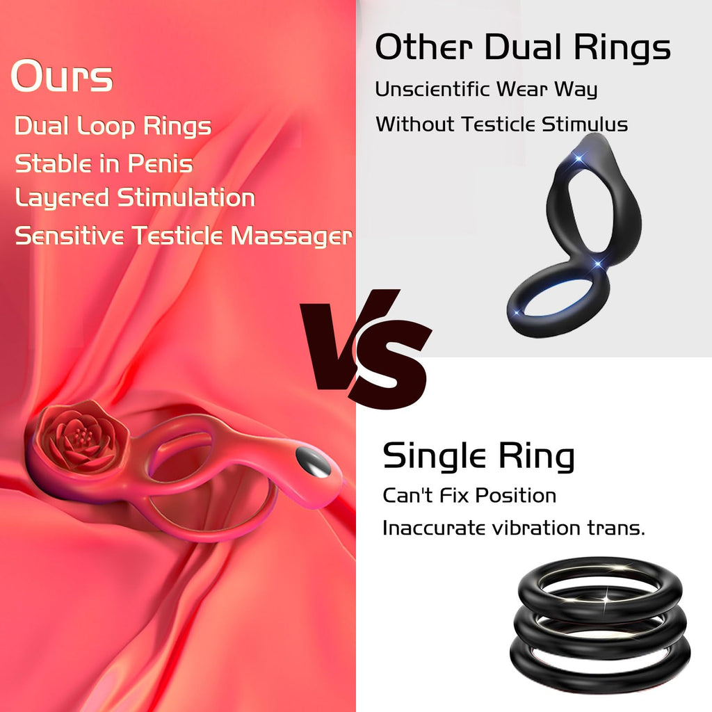 Vibrating Cock Ring with Rose Clitoral Stimulator Testicle Massager, Pleasure Penis Ring Vibrator Couples Adult Sex Toys for Men