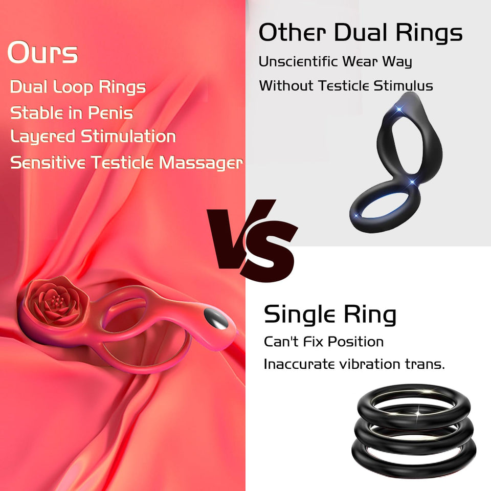 Vibrating Cock Ring with Rose Clitoral Stimulator Testicle Massager, Pleasure Penis Ring Vibrator Couples Adult Sex Toys for Men