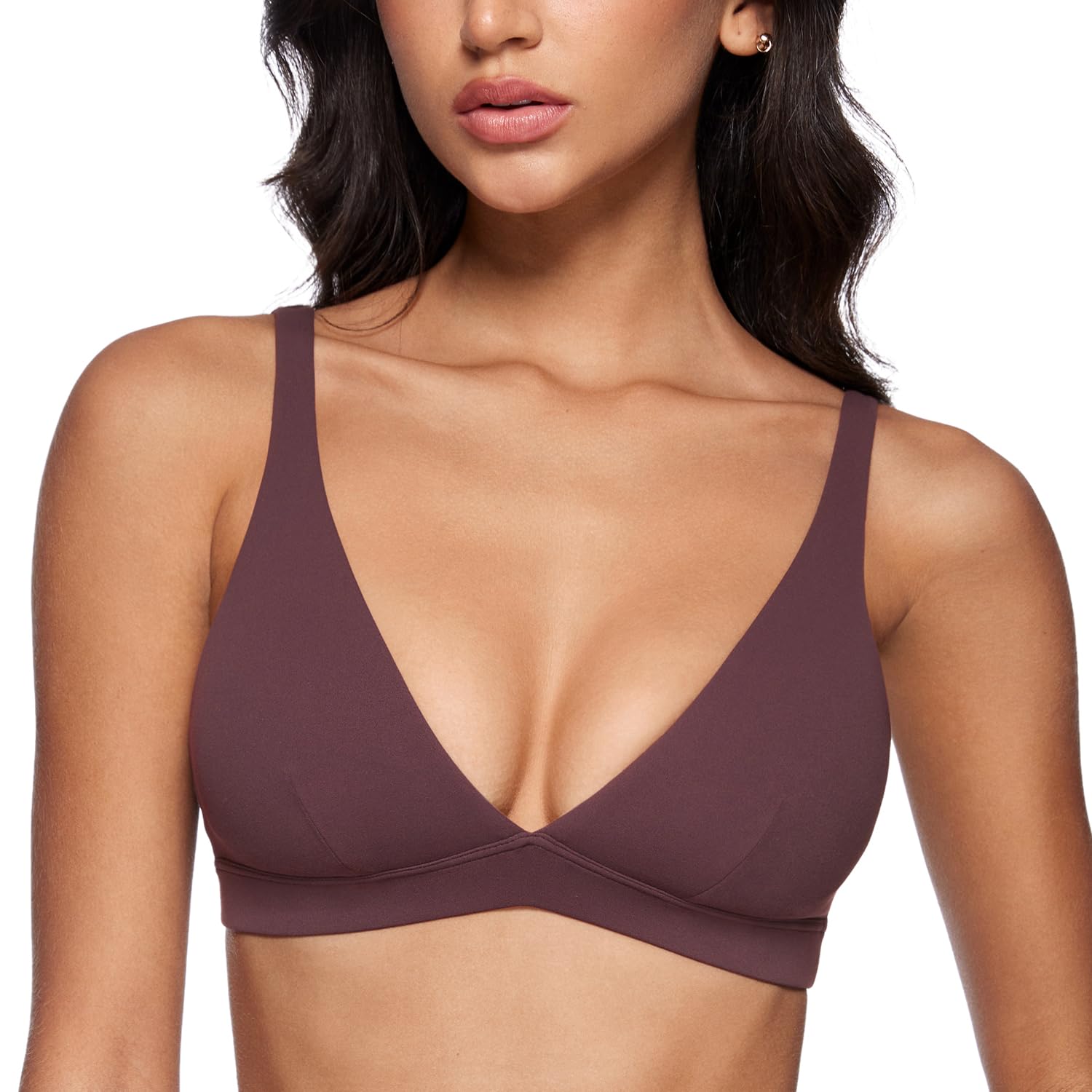 INGIA Womens Deep V-Neck Sports Bra Padded Low Impact Fitness Yoga Bra U Back Wireless Workout Bra Contour Crop Top Americano (P