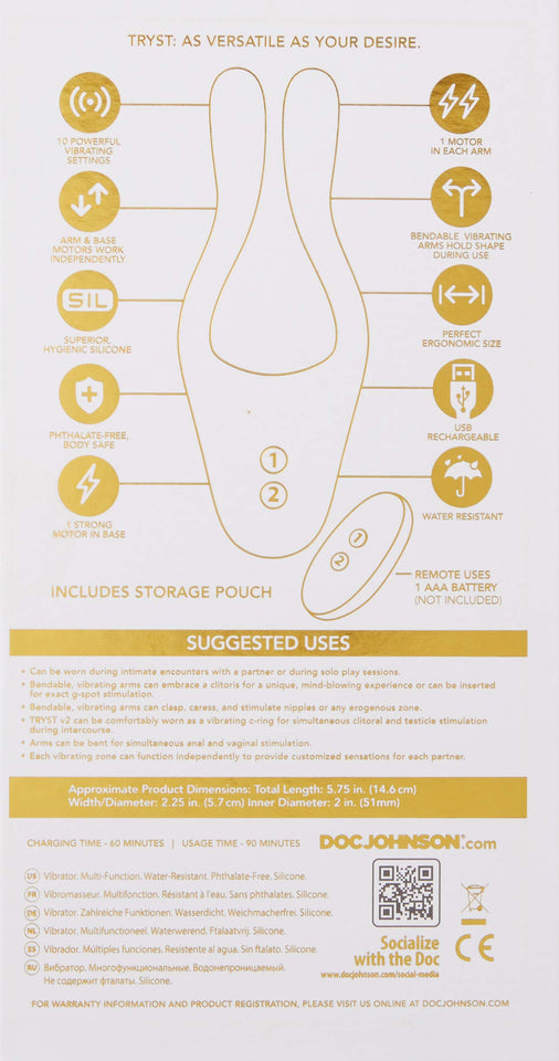 Doc Johnson Tryst V2 - Multi-Erogenous Zone Bendable Silicone Vibrator & C-Ring With Remote - 3 Powerful, Quiet 10-Function Motors - Bendable Vibrating Arms Hold Shape, Mint