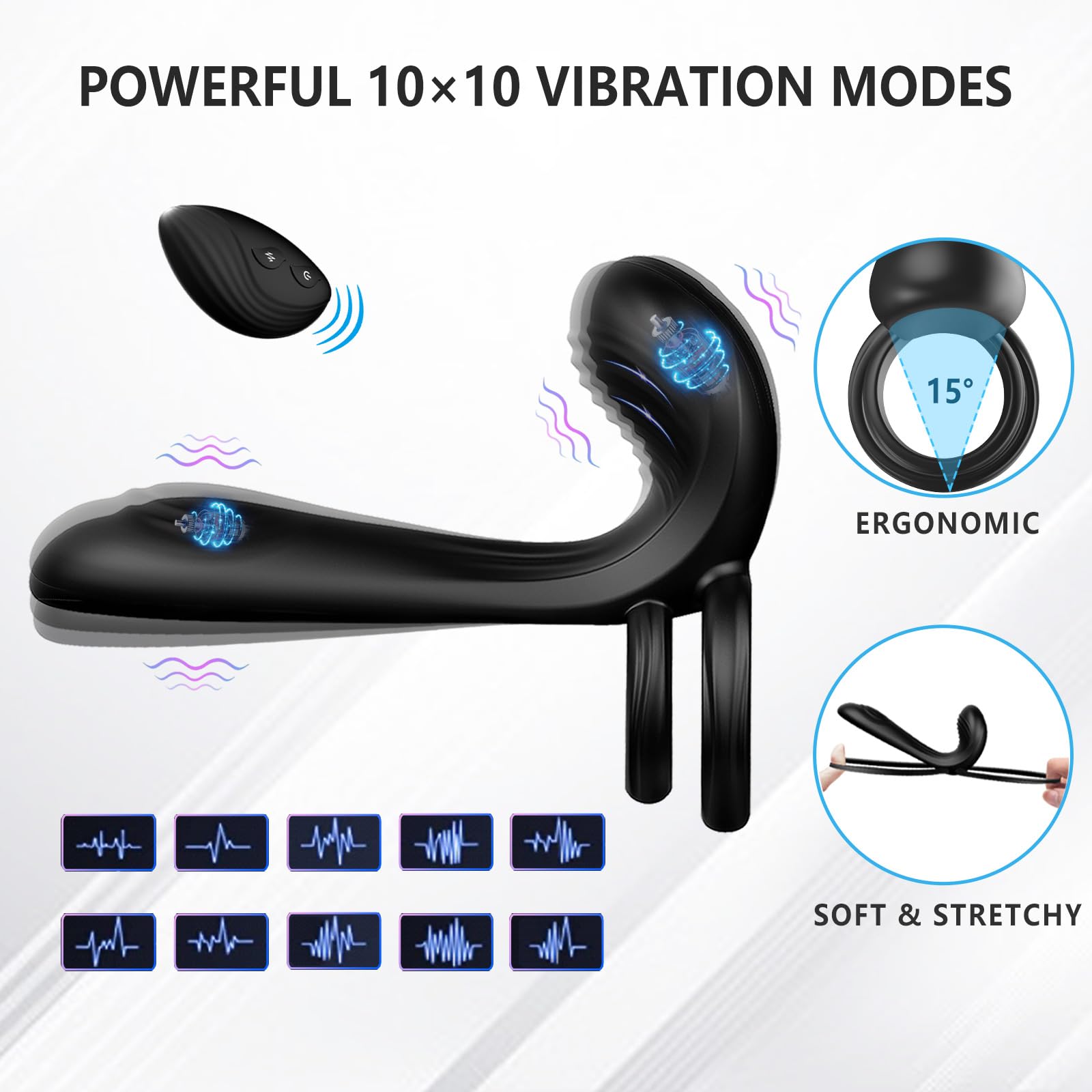 Couple Vibrator With Dual Penis Ring, 10 Vibrating Mode G-Spot And Clitor Simulator 3 In 1 Vibrator Rechargeable Waterproof Adult Sex Toy With Remote Control For Couple