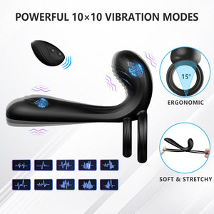 Couple Vibrator With Dual Penis Ring, 10 Vibrating Mode G-Spot And Clitor Simulator 3 In 1 Vibrator Rechargeable Waterproof Adult Sex Toy With Remote Control For Couple