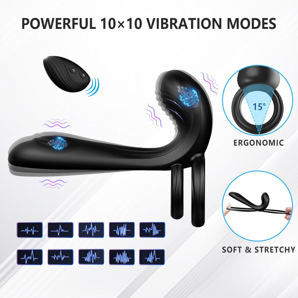 Couple Vibrator With Dual Penis Ring, 10 Vibrating Mode G-Spot And Clitor Simulator 3 In 1 Vibrator Rechargeable Waterproof Adult Sex Toy With Remote Control For Couple