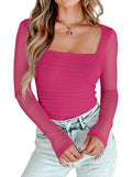 AGECODE Womens Square Neck Mesh Long Sleeve Bodysuit Shirts Ruched Body Suit Leotard Tops Hot Pink Small