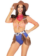 5 Pc Playful Cowboy, Includes Tie Front Crop Top With Fringe Detail, High Waist Bottoms, Belt With Fringe Accent, Pin On Sheriff
